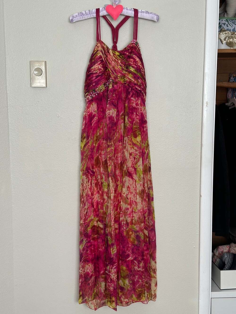 Gorgeous NWT XL Silk Rhinestone Pink Green Maxi Dress Formal Wedding Guest Y2K